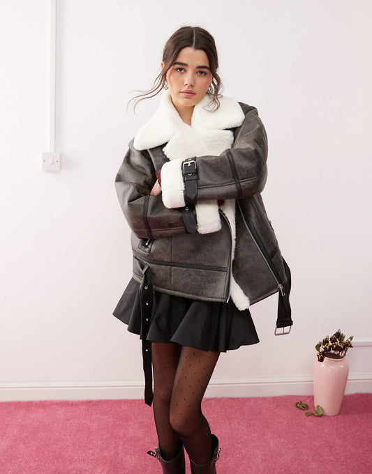 Distressed Faux Leather Contrast Aviator Jacket