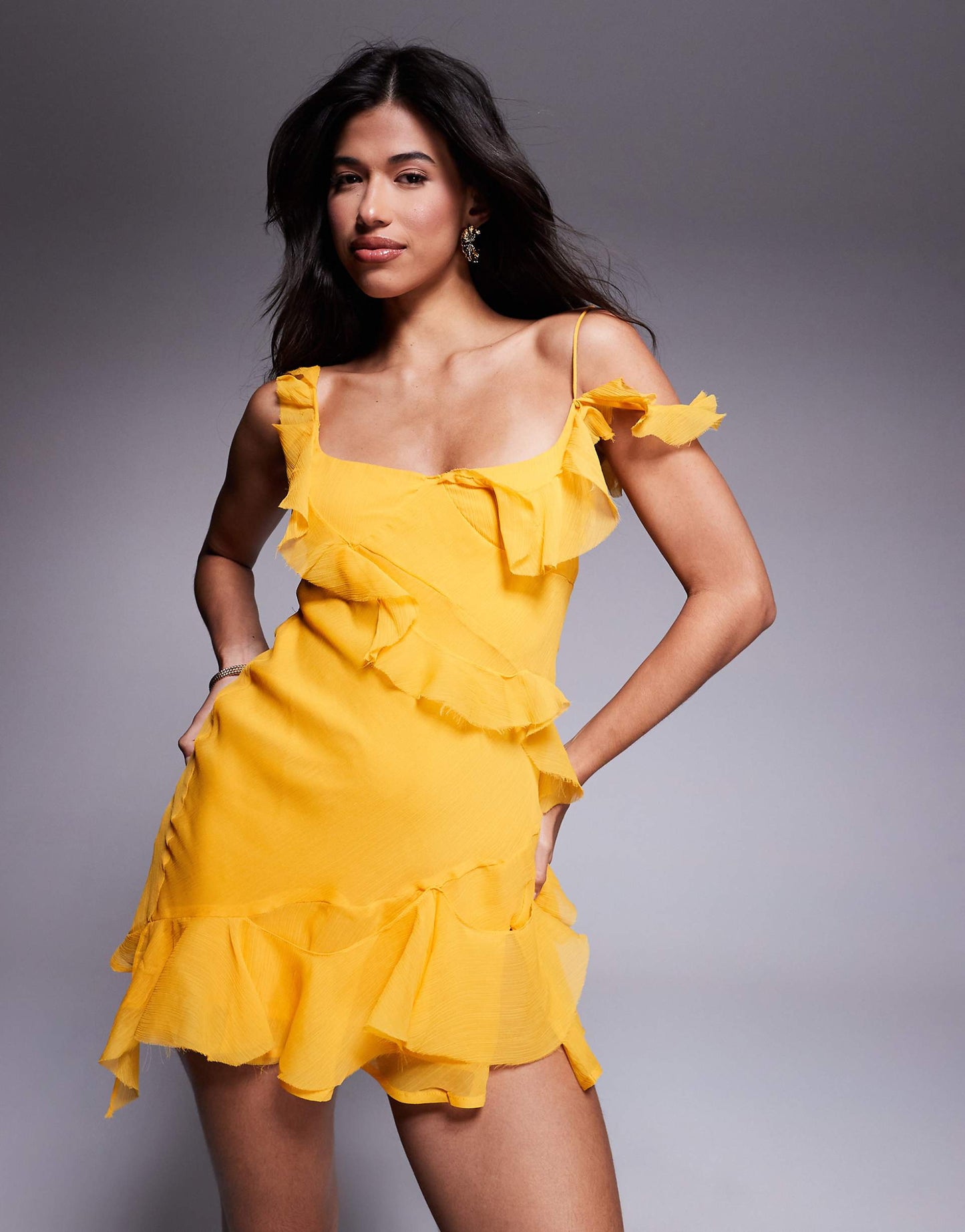 Raw Edge Frill Mini Dress With Tie Back