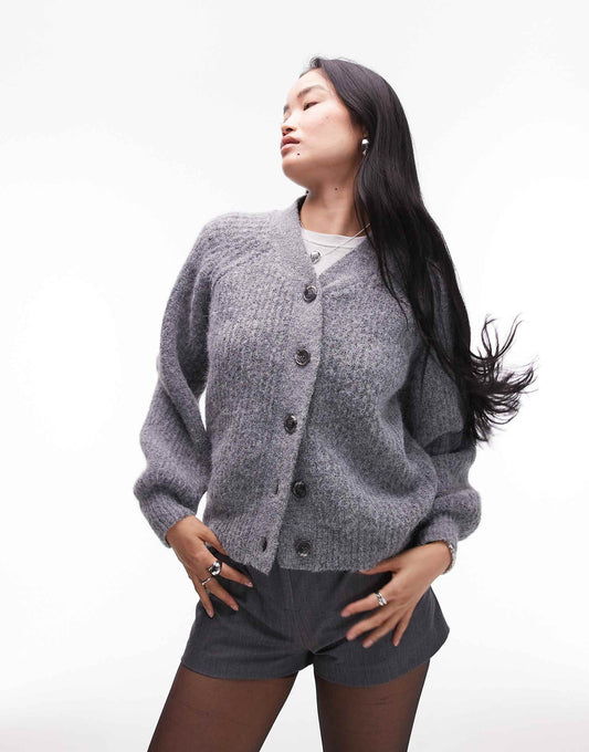 Knitted High V-Neck Fluffy Cardigan