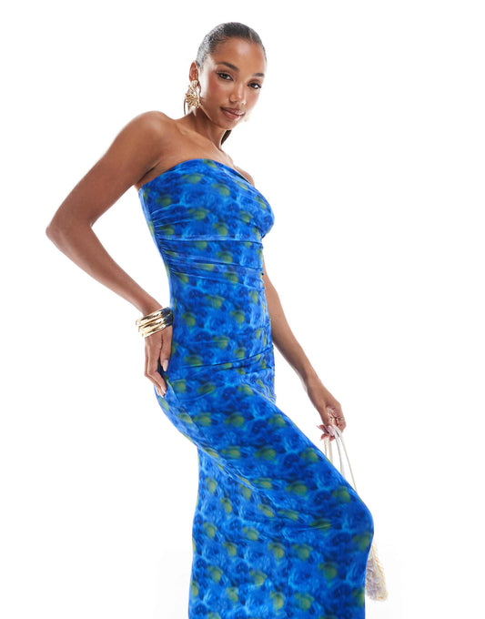 Floral Abstract Print Mesh Maxi Bandeau Dress