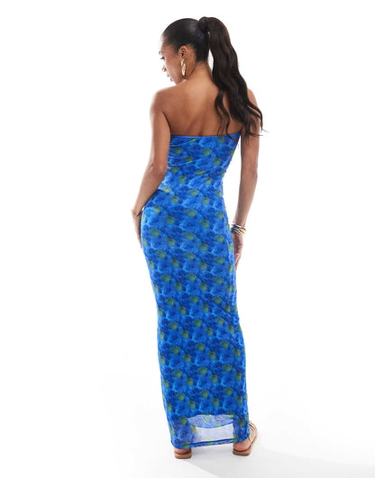 Floral Abstract Print Mesh Maxi Bandeau Dress