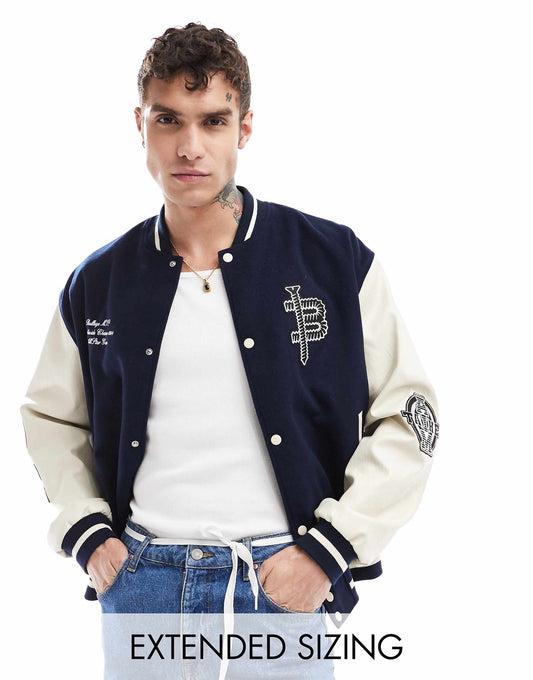 Oversized Varsity Jacket With Faux Leather Sleeves