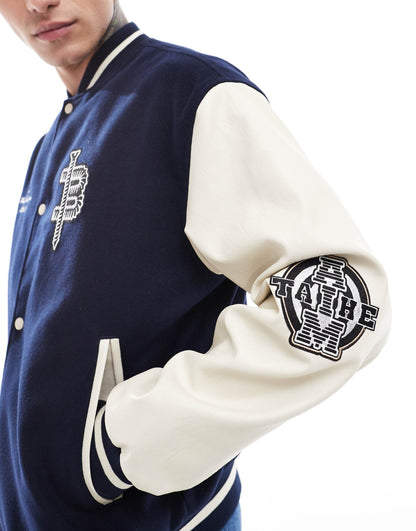 Oversized Varsity Jacket With Faux Leather Sleeves
