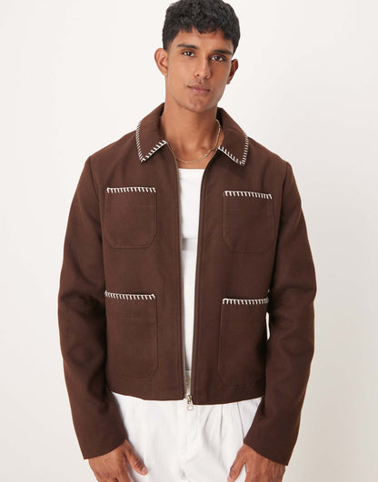 Wool Look Harrington Jacket With Blanket Stitch