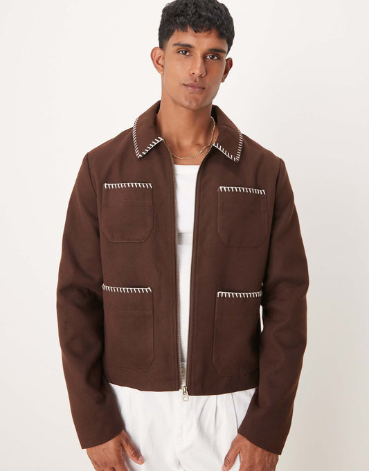 Wool Look Harrington Jacket With Blanket Stitch