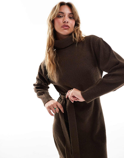 Roll Neck Tie Waist Midi Jumper Dress
