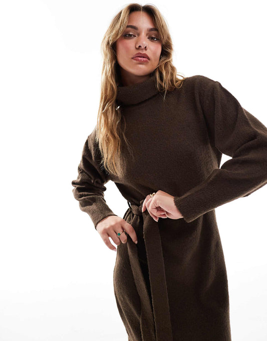 Roll Neck Tie Waist Midi Jumper Dress
