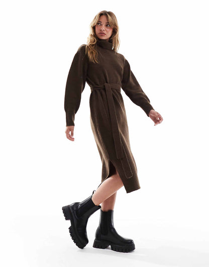 Roll Neck Tie Waist Midi Jumper Dress