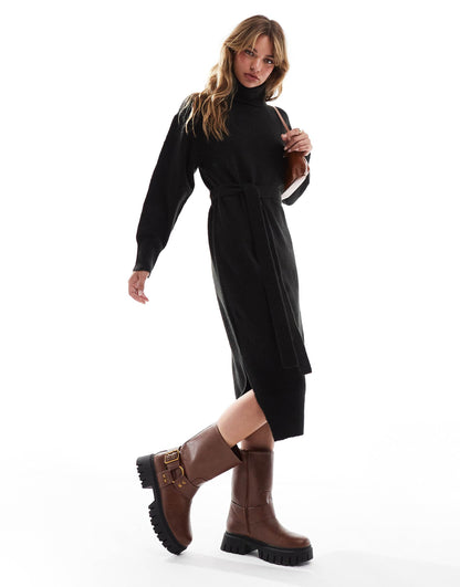 Roll Neck Tie Waist Midi Jumper Dress