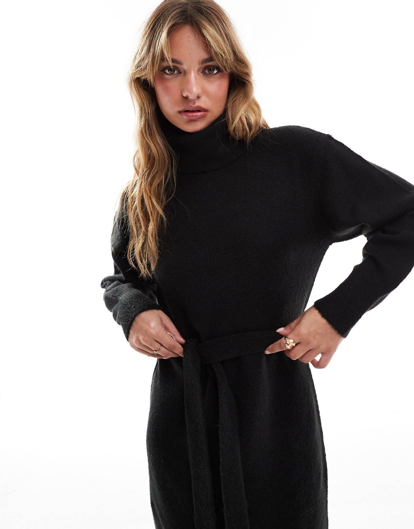 Roll Neck Tie Waist Midi Jumper Dress