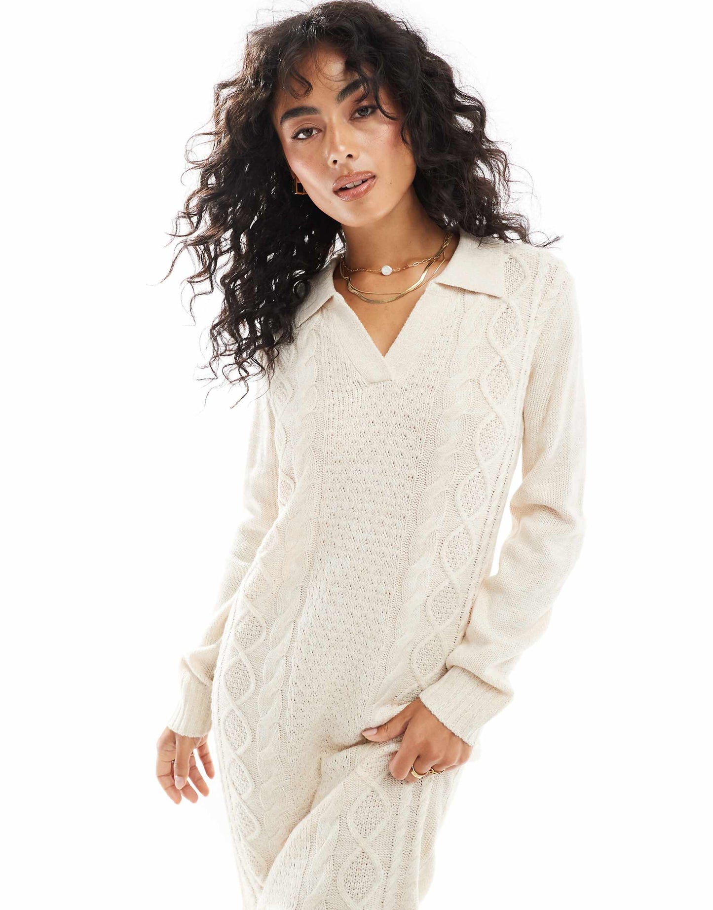 V Neck Cable Knitted Midi Jumper Dress