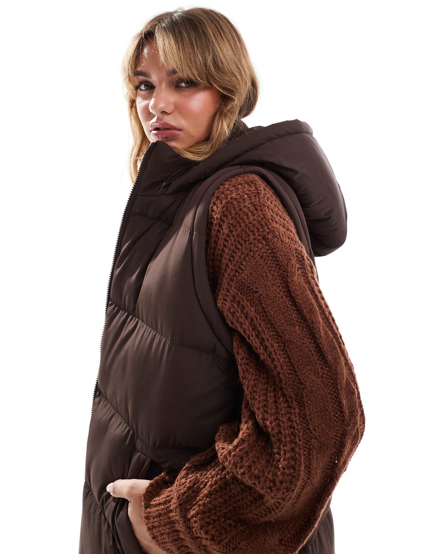 2-in-1 Zip Off Longline Gilet And Puffer Coat In Brown