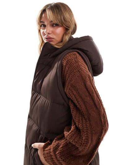 2-in-1 Zip Off Longline Gilet And Puffer Coat In Brown