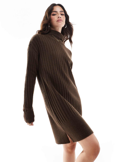Roll Neck Ribbed Mini Jumper Dress