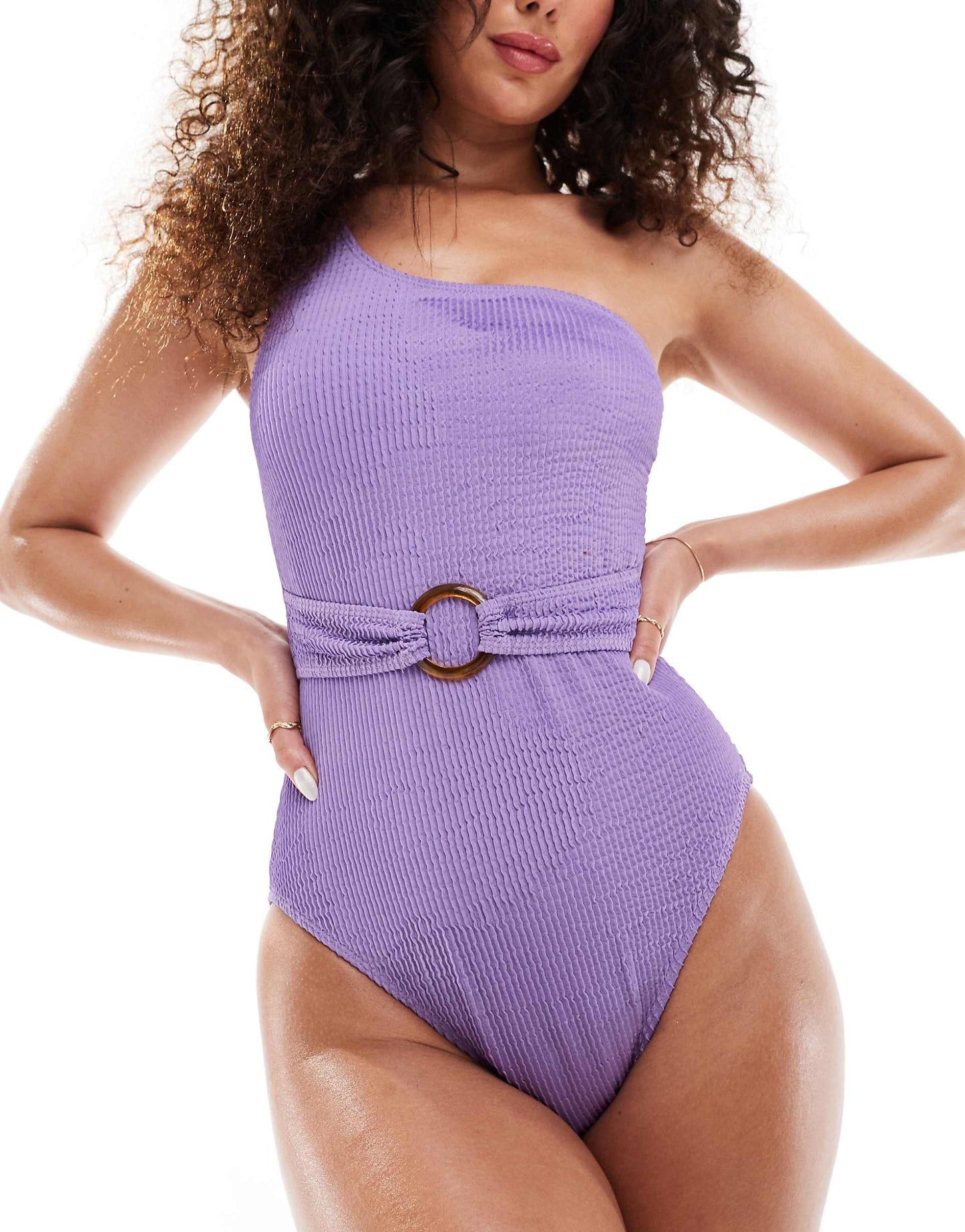 Exclusive Crinkle One Shoulder Ring Belt Detail Swimsuit
