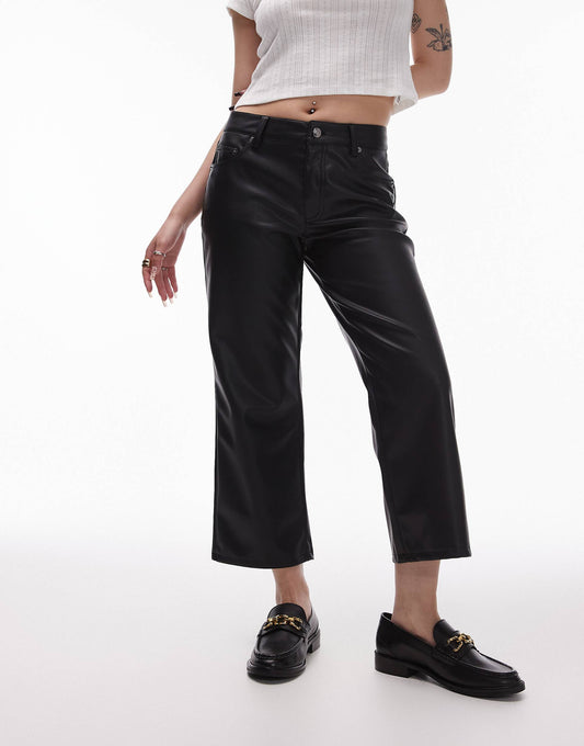 Petite Ankle Grazer Straight Leg Faux Leather Trouser