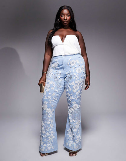 Curve White Jewel Embellished Denim Flared Jeans