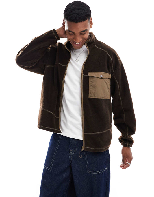 Oversized Polar Fleece Shacket With Contrast Seams And Chest Pocket
