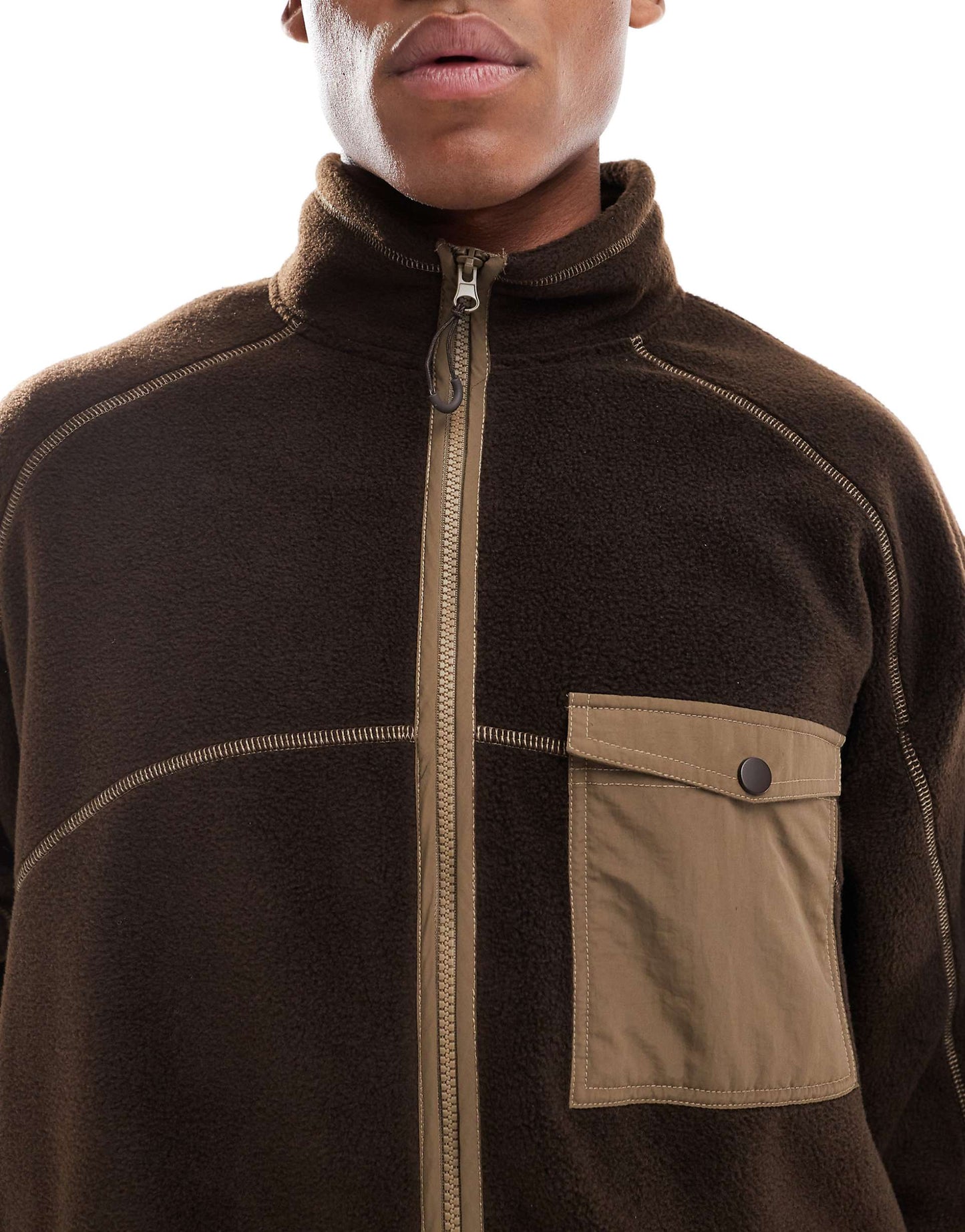 Oversized Polar Fleece Shacket With Contrast Seams And Chest Pocket