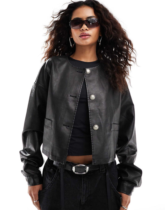 Leather Look Collarless Bomber Jacket