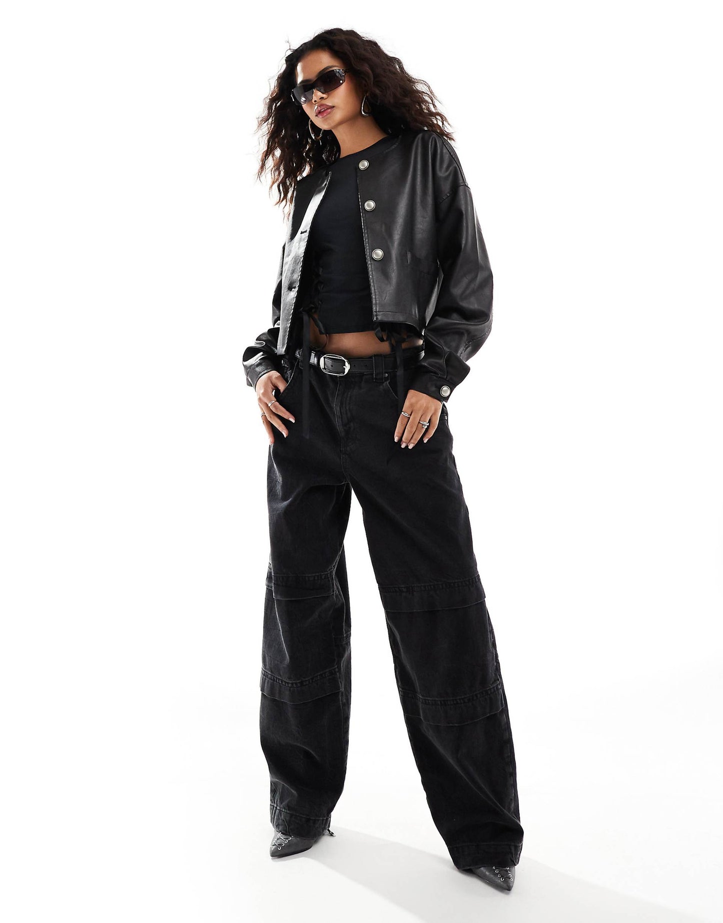 Leather Look Collarless Bomber Jacket