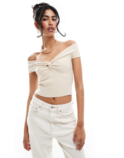 Knit Rib Twist Front Short Sleeve Bardot Top