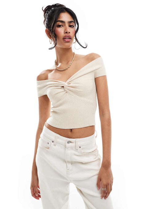 Knit Rib Twist Front Short Sleeve Bardot Top