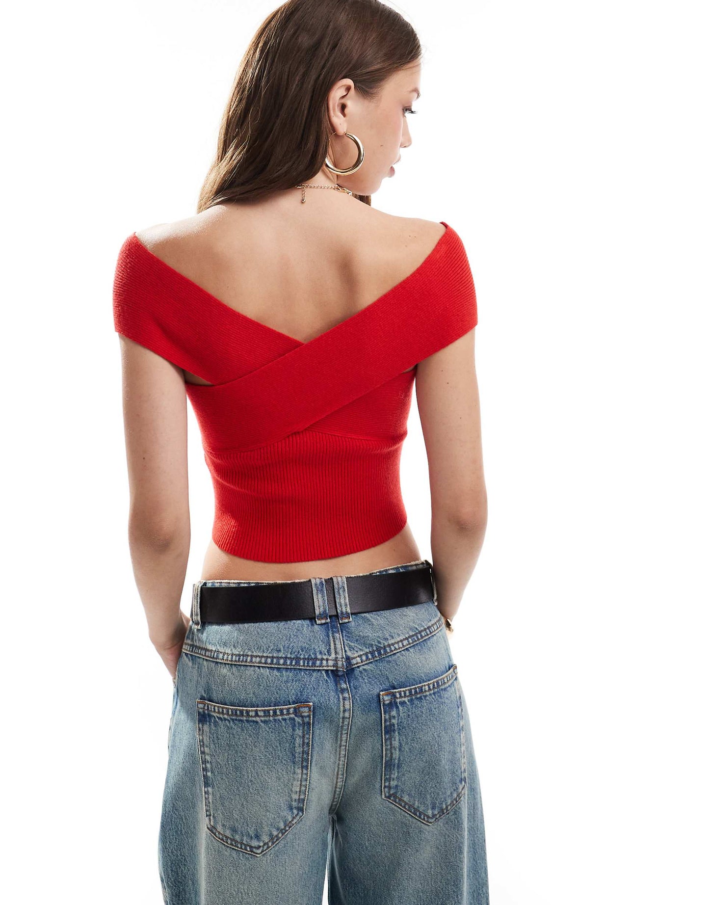Knit Rib Twist Front Short Sleeve Bardot Top