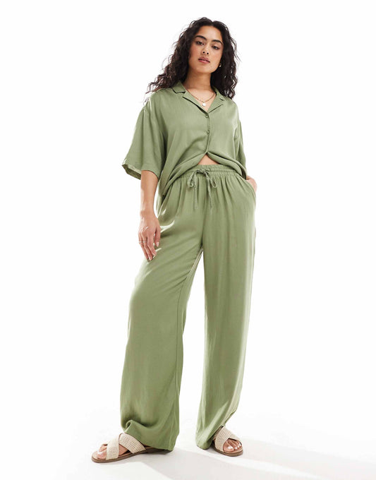 Linen Touch Tie Waist Wide Leg Trousers Co-Ord