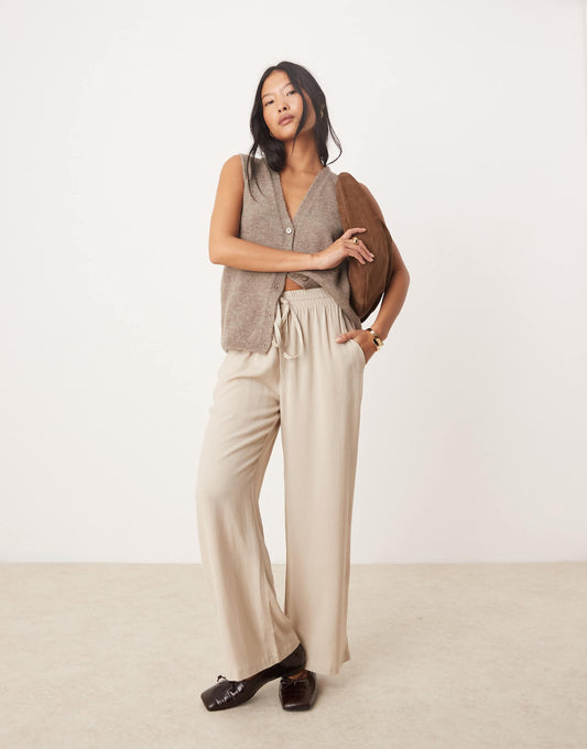 Petite Linen Touch Tie Waist Wide Leg Trousers
