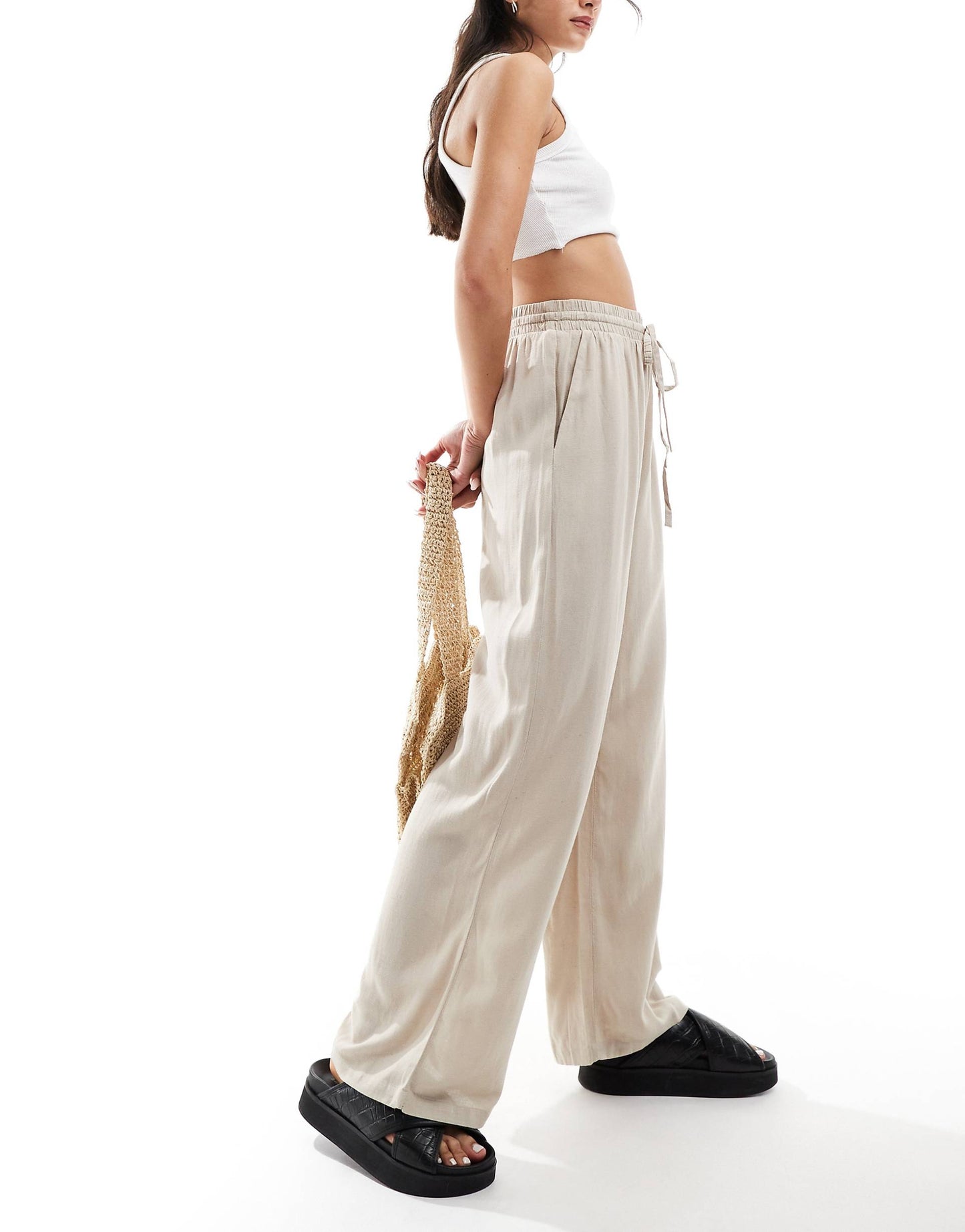 Linen Touch Tie Waist Wide Leg Trouser
