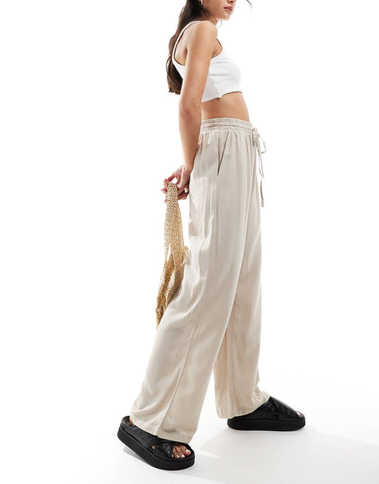 Linen Touch Tie Waist Wide Leg Trouser