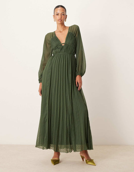 Plunge Long Sleeve Pleated Midaxi Dress