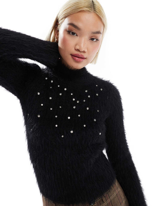 Embellished Lash Funnel Neck Long Sleeve Jumper