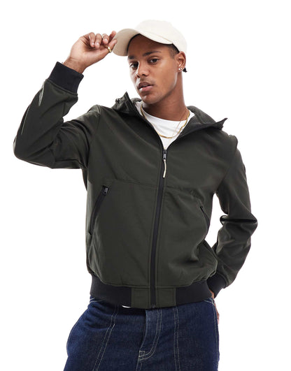 Zip Through Softshell Bomber With Hood