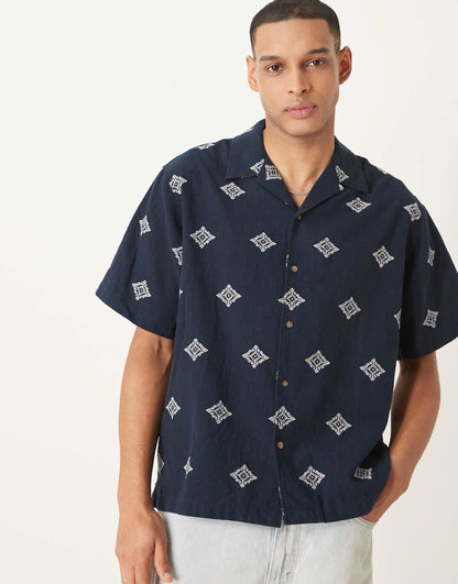 Boxy Fit Revere Collar Shirt With Embroidery