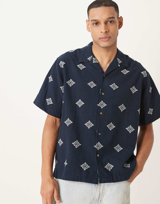 Boxy Fit Revere Collar Shirt With Embroidery