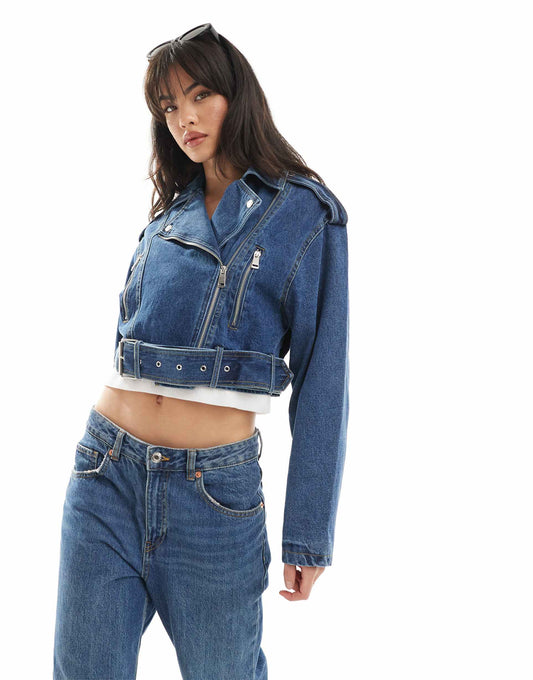 Cropped Denim Biker Jacket