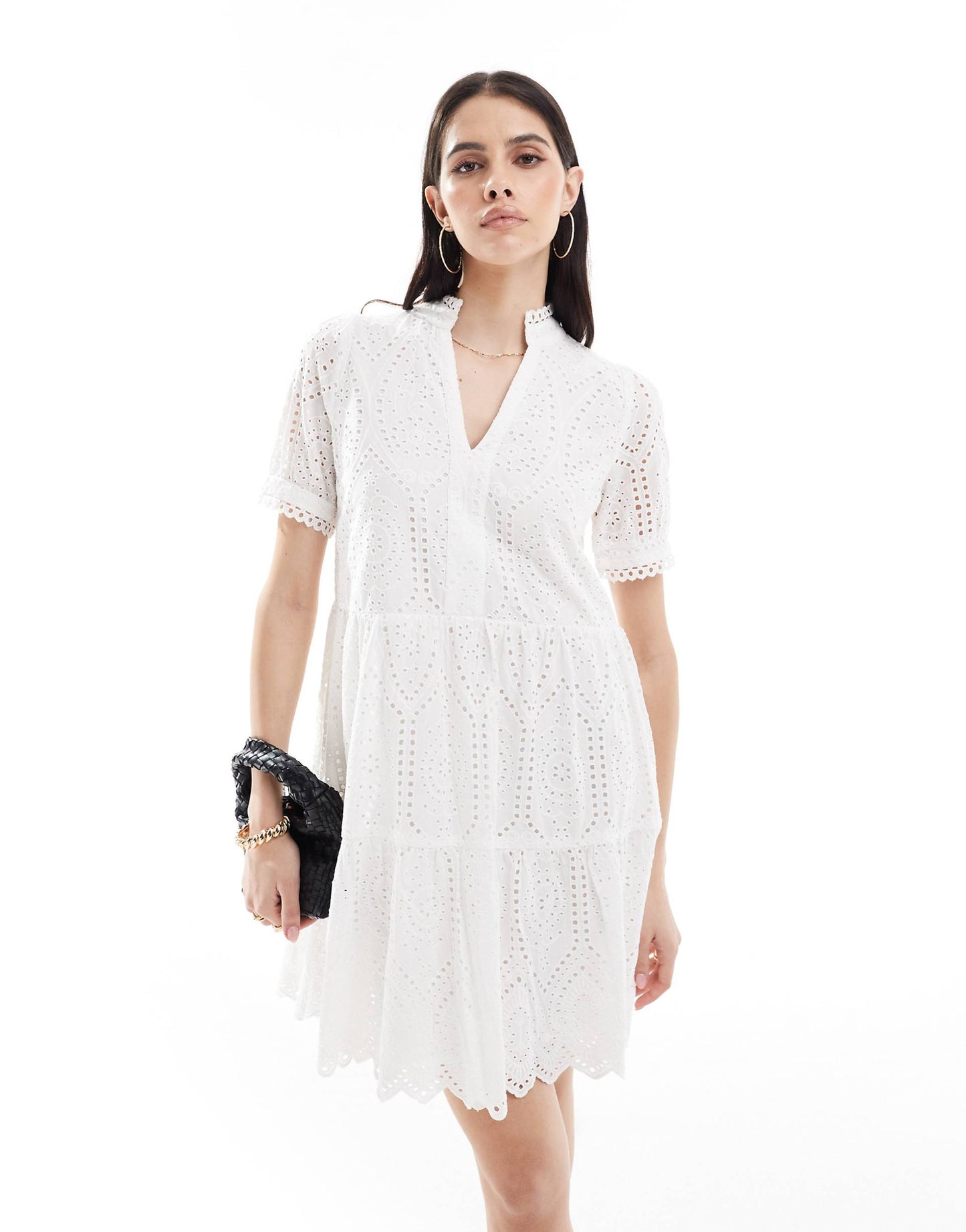 V Neck Broderie Mini Dress