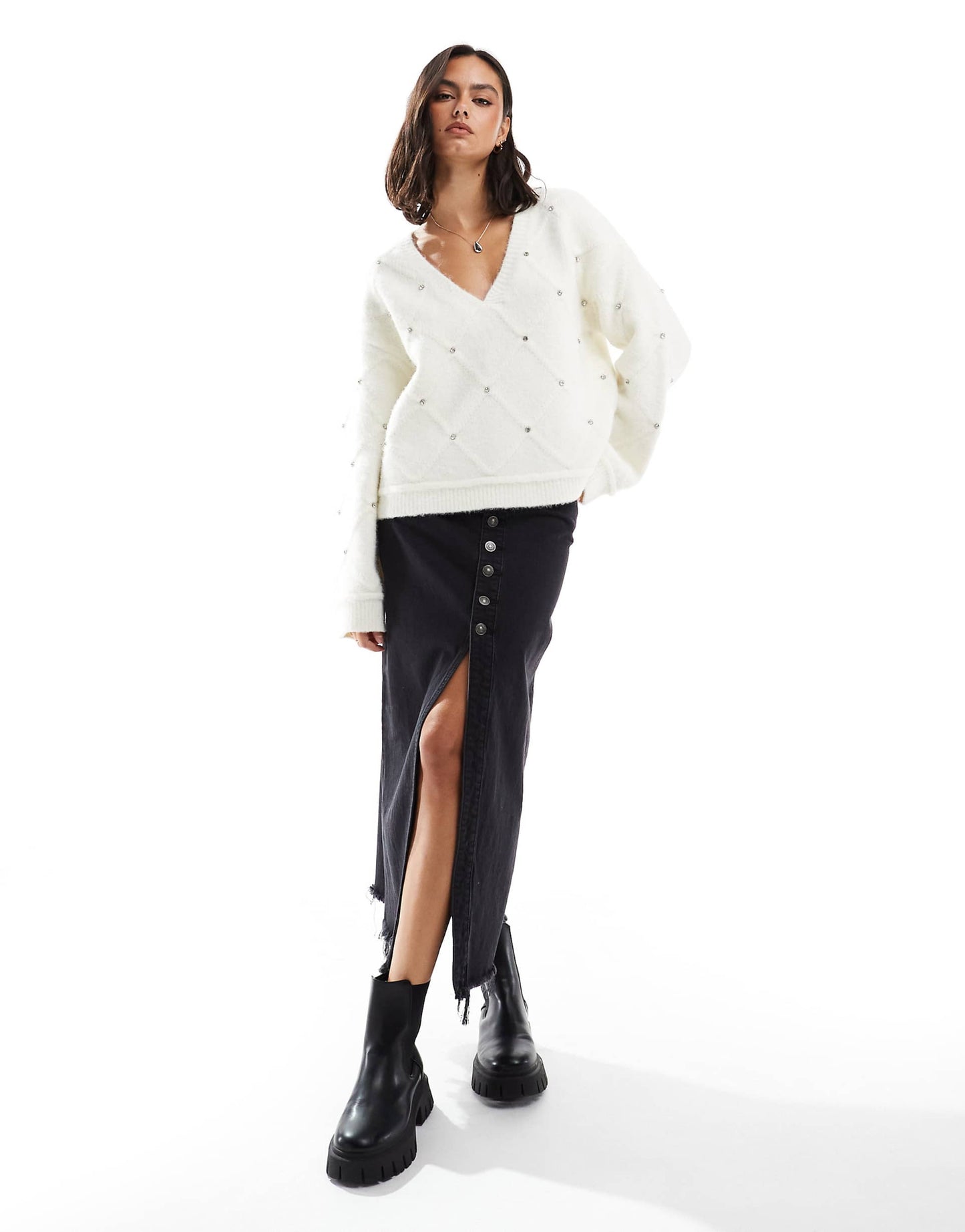 Diamond Pattern Embellished Wide Sleeve Jumper