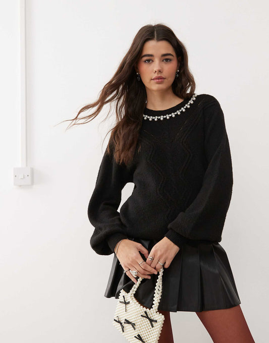 Faux Pearl And Diamante Neck Trim Cable Knit Jumper