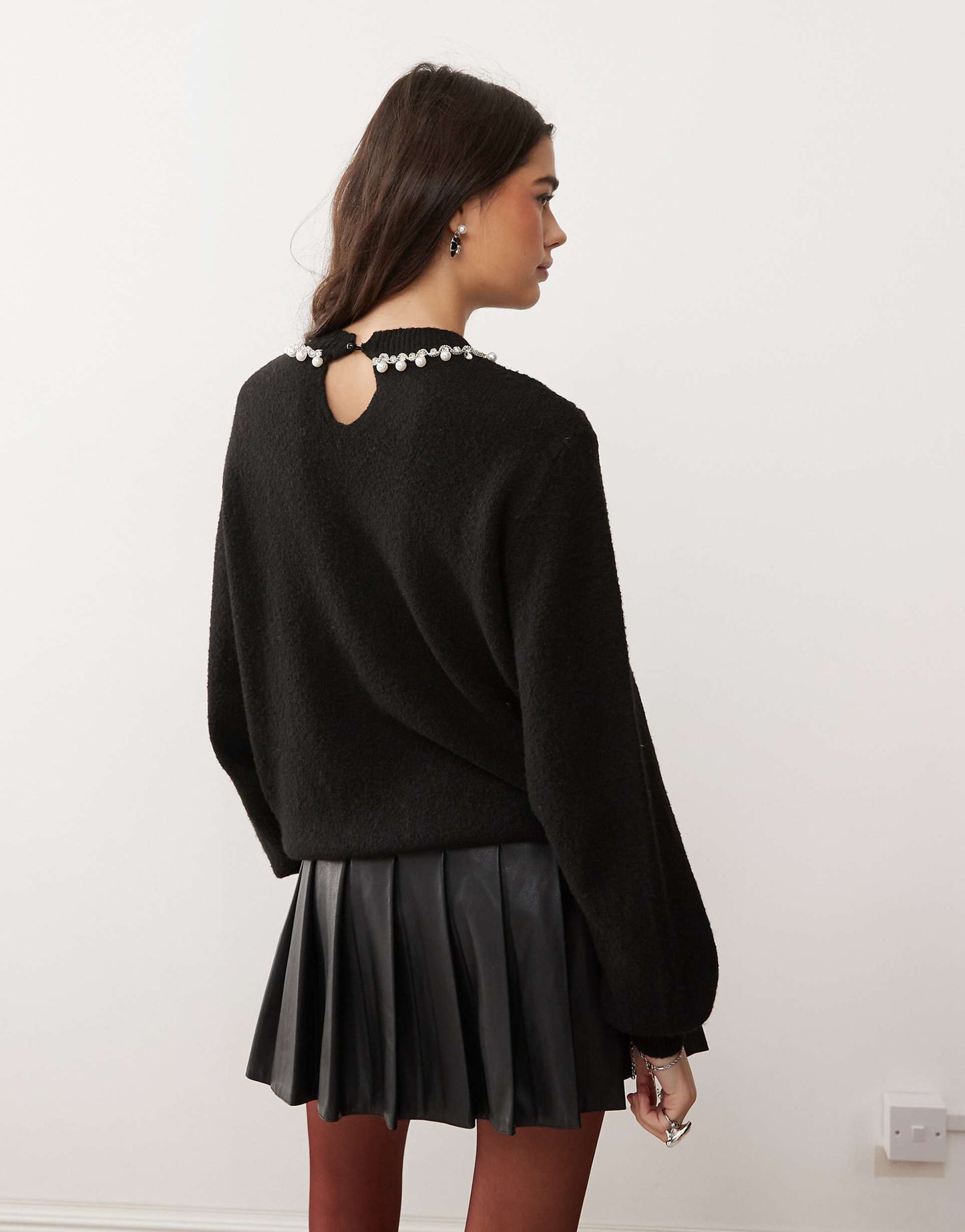 Faux Pearl And Diamante Neck Trim Cable Knit Jumper