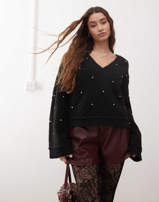 Diamond Pattern Embellished Wide Sleeve Jumper