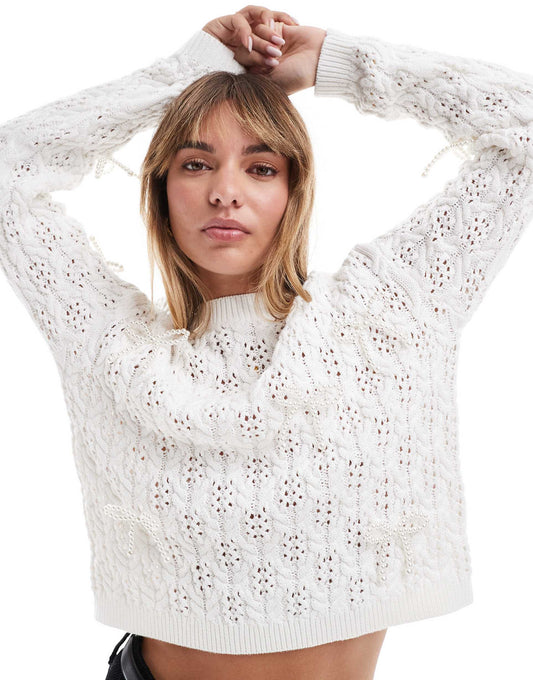 Open Stitch Faux Pearl Boxy Jumper