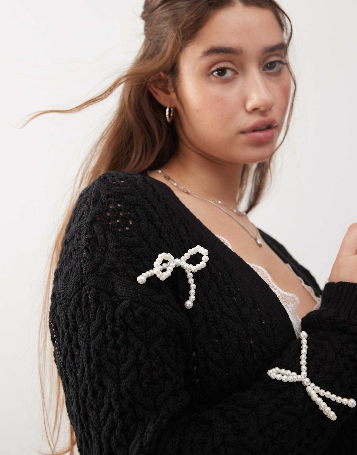 Longerline Open Stitch Faux Pearl Bow Cardigan