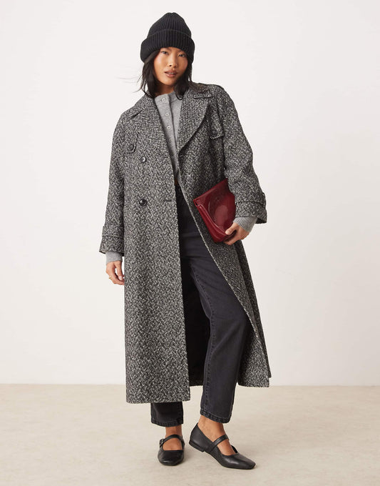Petite Herringbone Belted Trench Coat