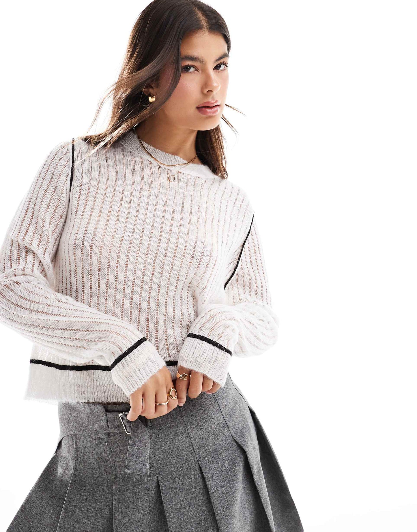 Sheer Knitted Jumper With Contrast Detail