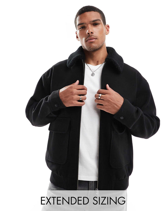 Wool Look Harrington Jacket With Borg Collar