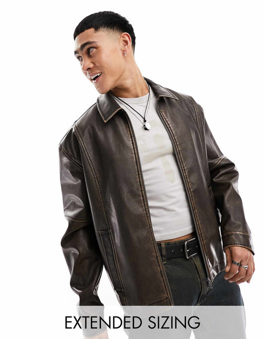 Oversized Faux Leather Harrington Jacket
