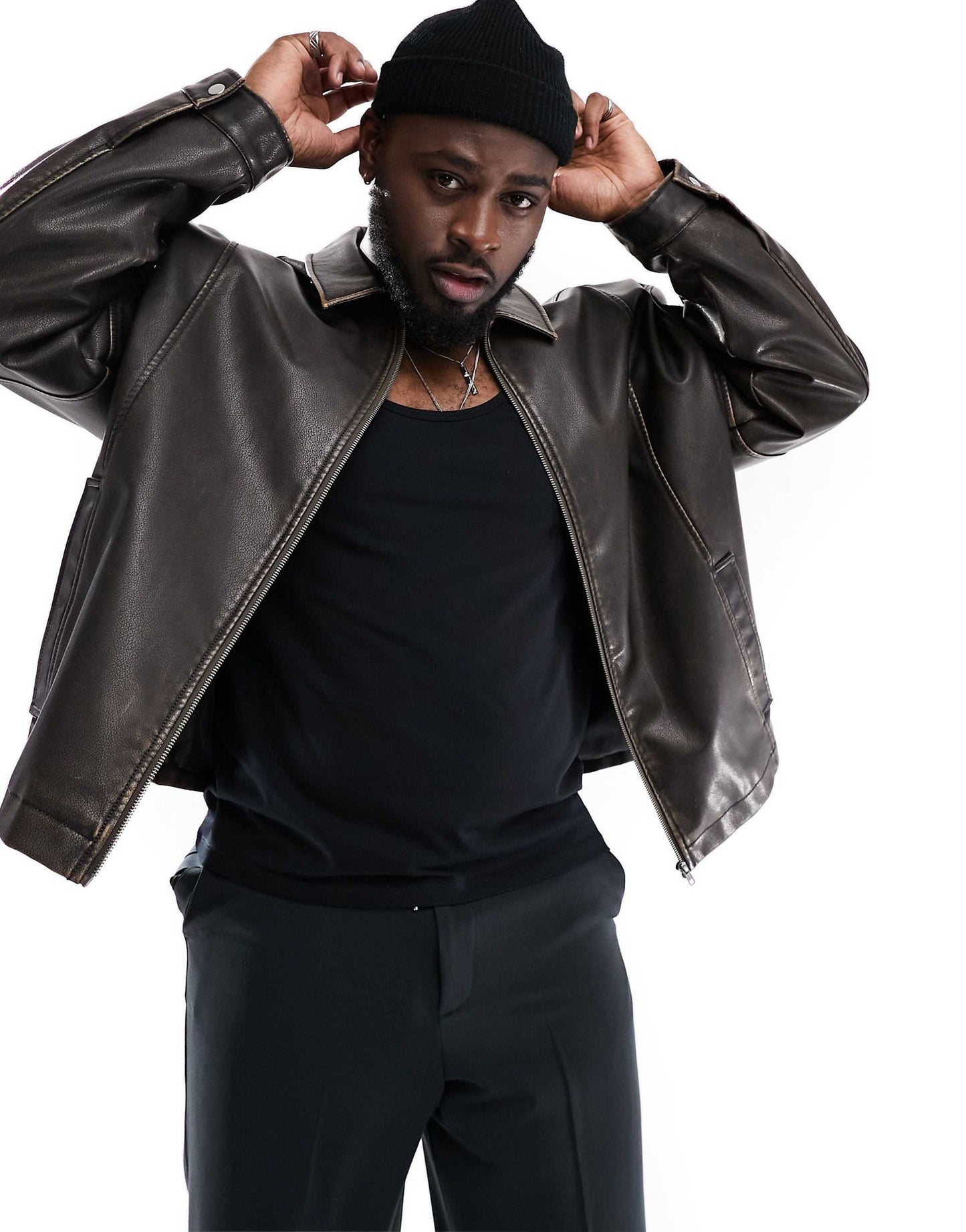 Oversized Faux Leather Harrington Jacket